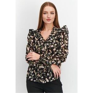 Lipsy London blouse black pink floral sheer ruffle v neck